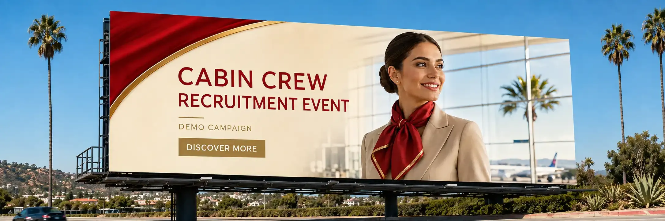 Display advertising billboard for airlines: Emirates Cabin Crew Open Day, Etihad Recruitment Event, Qatar Airways recruitment event, Delta Flight Attendant Recruitment Event, United Flight Attendant Recruitment Event, American Airlines Flight Attendant Recruitment Event and sponsored banners for airlines.