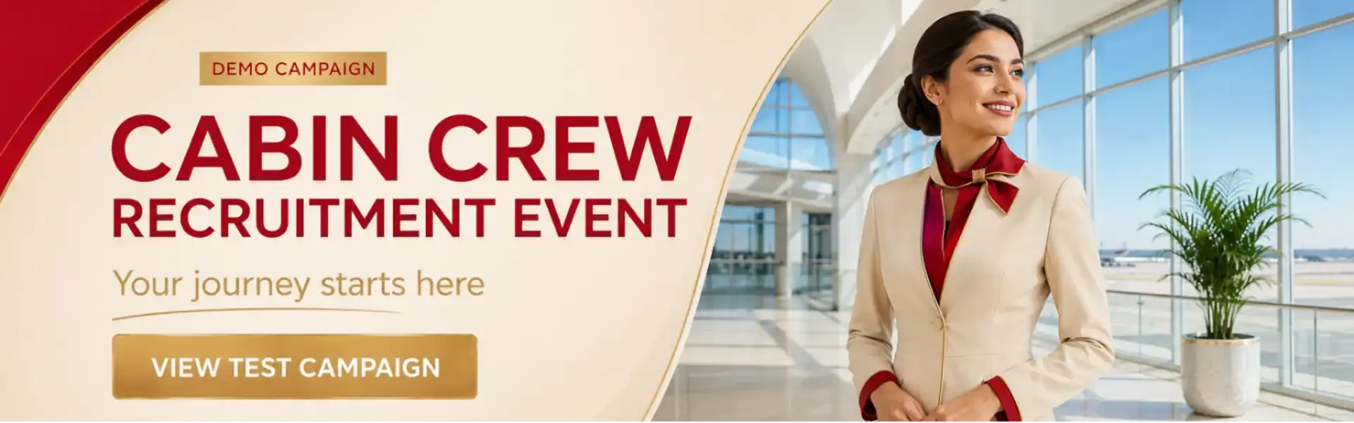 Gigaboard sponsored banners for airlines: Emirates Cabin Crew Open Day, Etihad Recruitment Event, Qatar Airways recruitment event, Delta Flight Attendant Recruitment Event, United Flight Attendant Recruitment Event and American Airlines Flight Attendant Recruitment Event.
