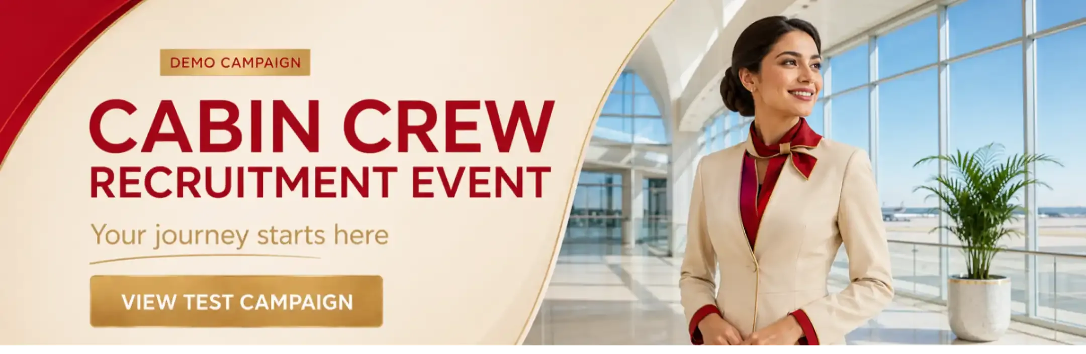 Homepage Megaboard sponsored banners for airlines: Emirates Cabin Crew Open Day, Etihad Recruitment Event, Qatar Airways recruitment event, Delta Flight Attendant Recruitment Event, United Flight Attendant Recruitment Event and American Airlines Flight Attendant Recruitment Event.