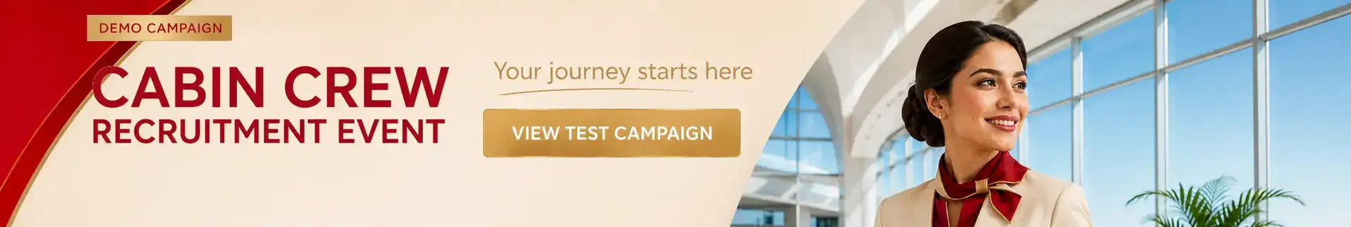 Wideboard sponsored banners for airlines: Emirates Cabin Crew Open Day, Etihad Recruitment Event, Qatar Airways recruitment event, Delta Flight Attendant Recruitment Event, United Flight Attendant Recruitment Event and American Airlines Flight Attendant Recruitment Event.