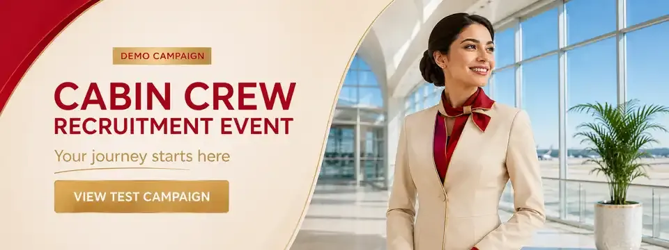 Mobileboard sponsored banners for airlines: Emirates Cabin Crew Open Day, Etihad Recruitment Event, Qatar Airways recruitment event, Delta Flight Attendant Recruitment Event, United Flight Attendant Recruitment Event and American Airlines Flight Attendant Recruitment Event.